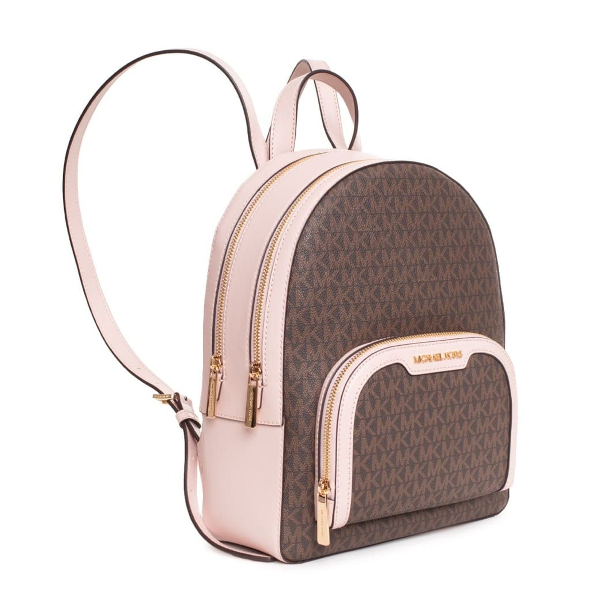 Mochila Michael Kors marrón con detalles en rosa claro vista lateral