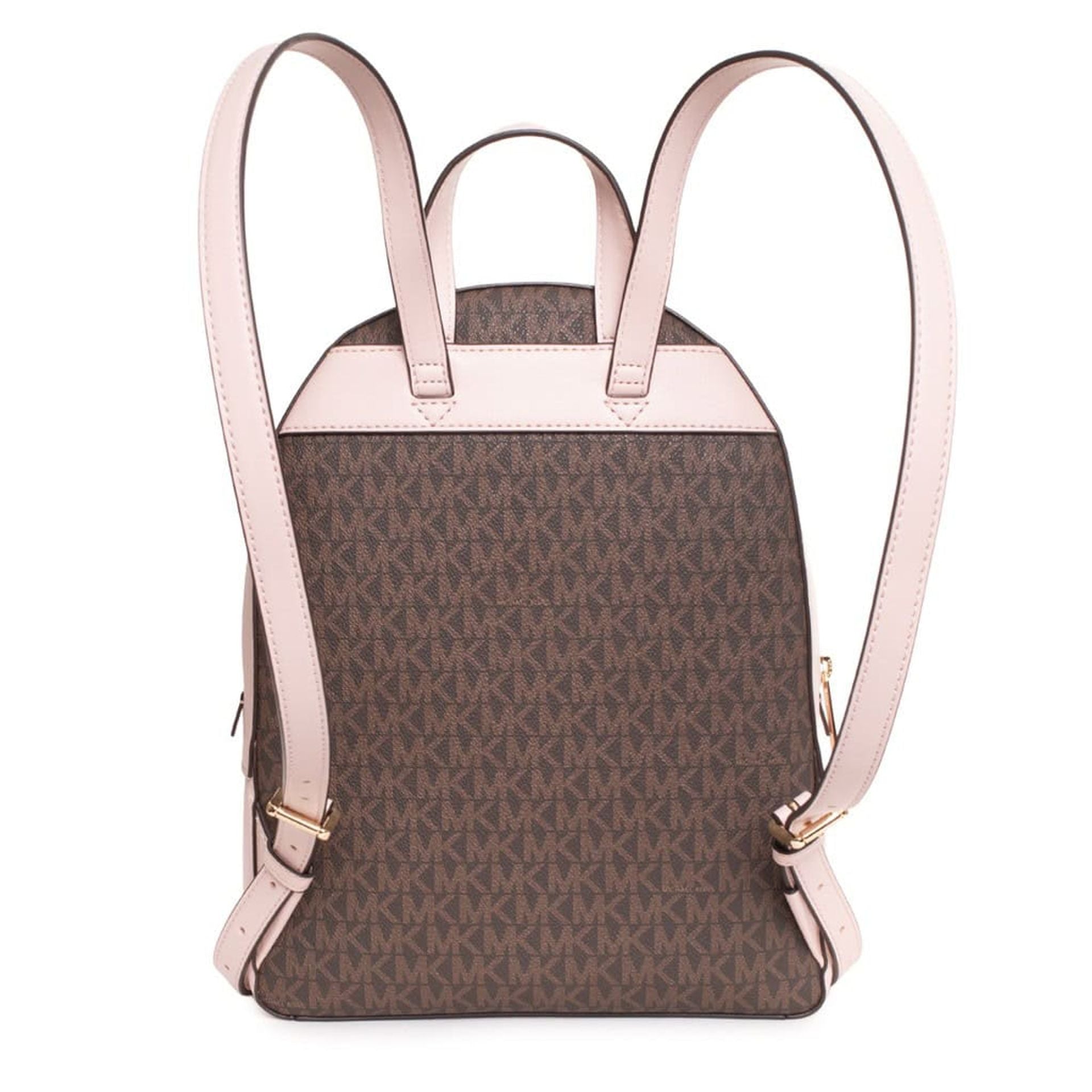 Mochila Michael Kors marrón con correas ajustables en rosa claro vista trasera