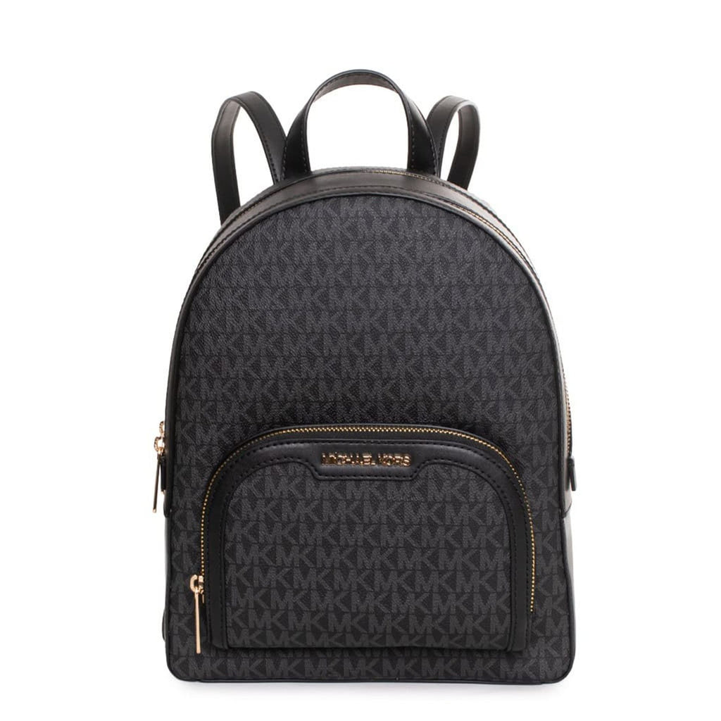 Mochila Michael Kors negra con logo icónico y detalles dorados vista frontal