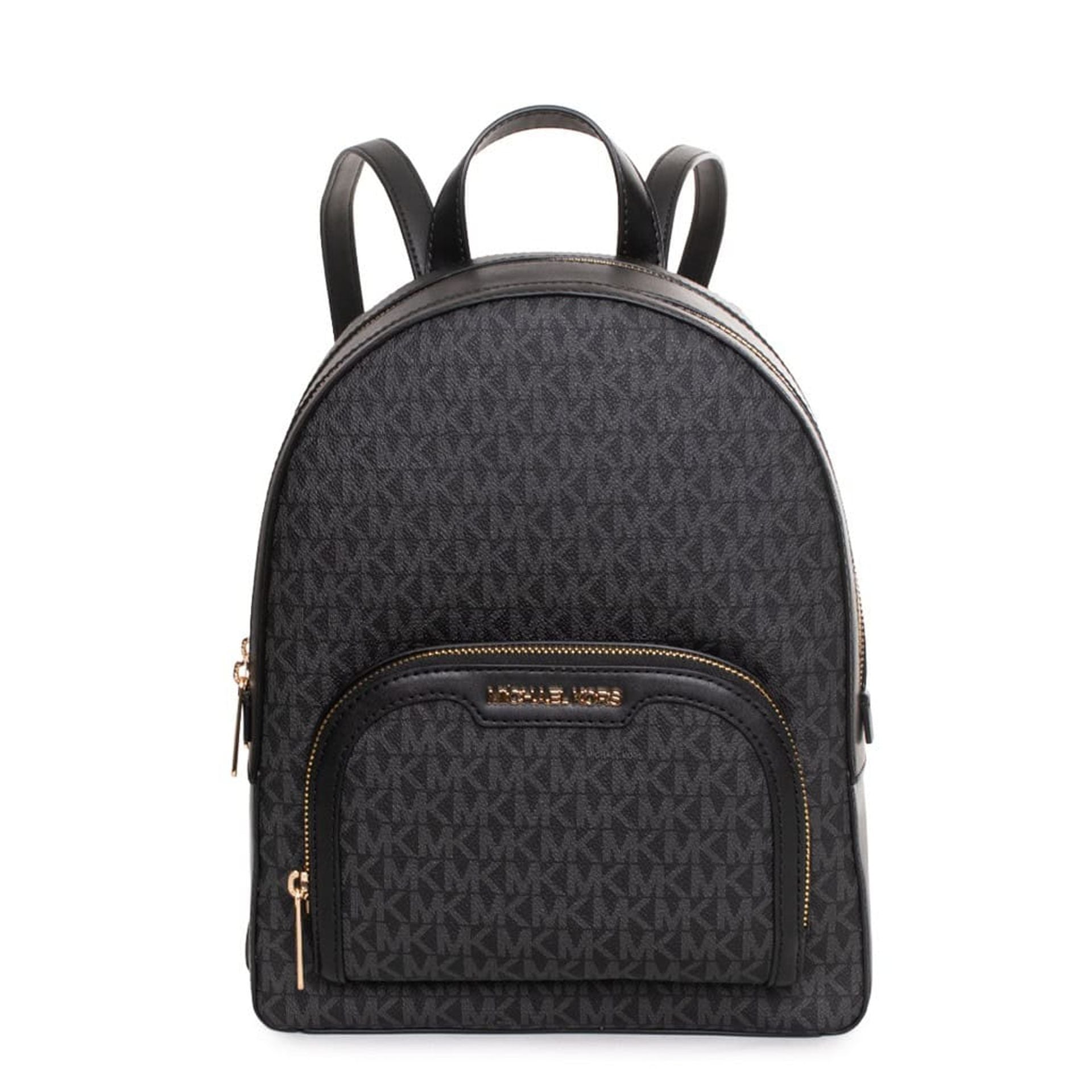 Mochila Michael Kors negra con logo icónico y detalles dorados vista frontal