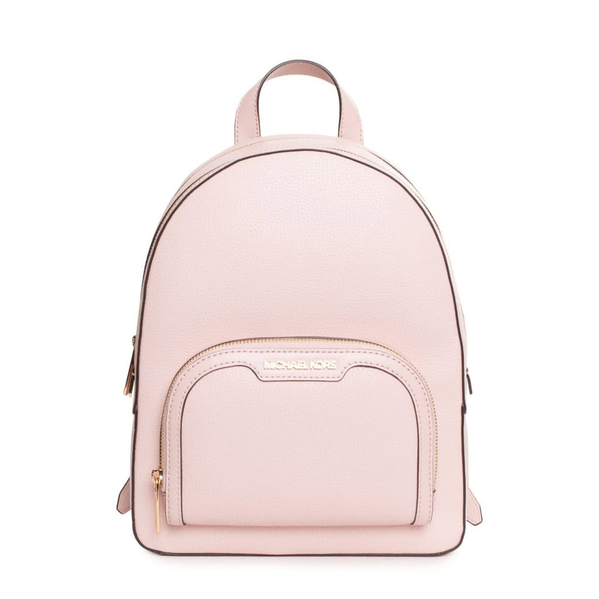 Mochila Michael Kors rosa empolvado vista frontal con logo dorado