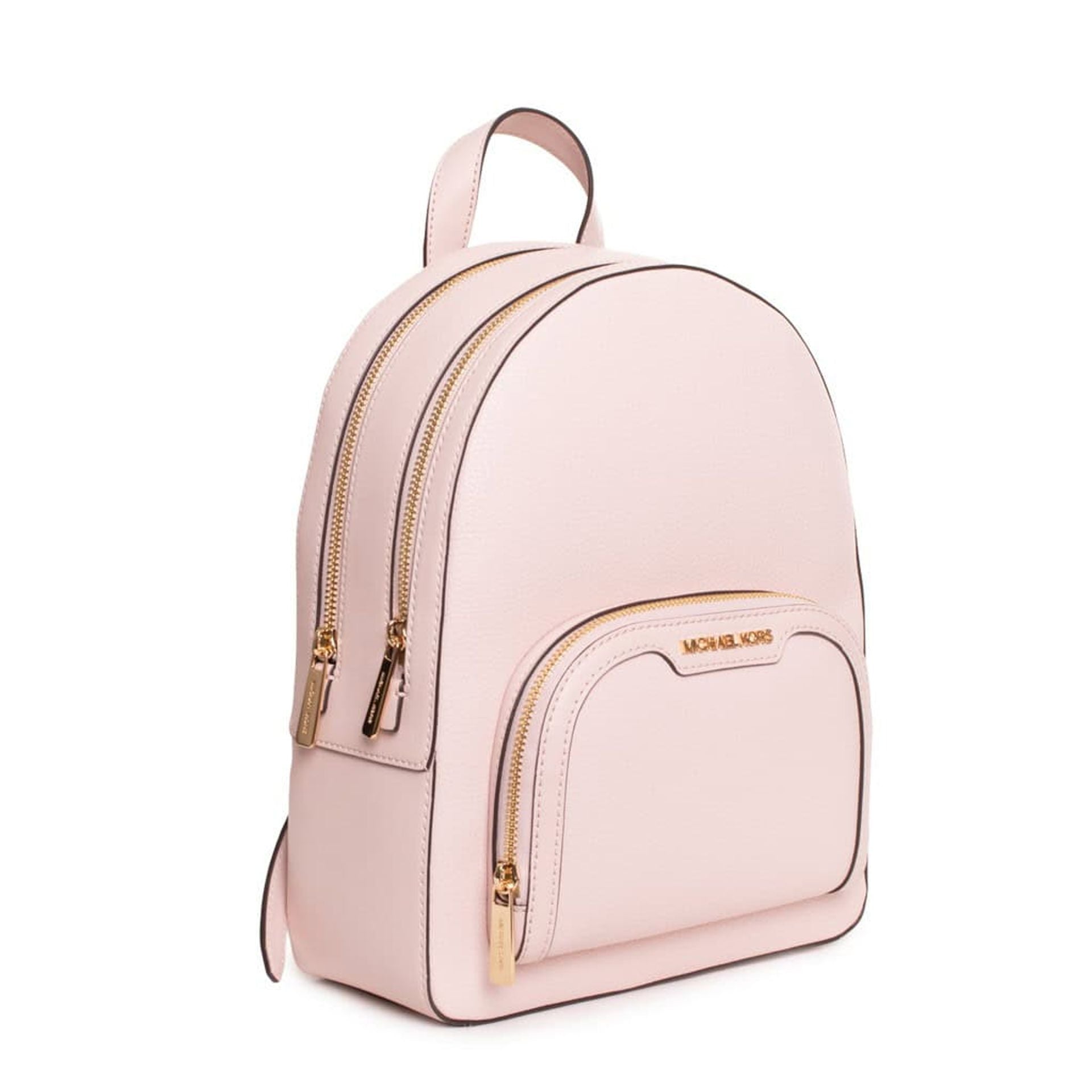 Mochila Michael Kors rosa empolvado con doble cremallera vista lateral