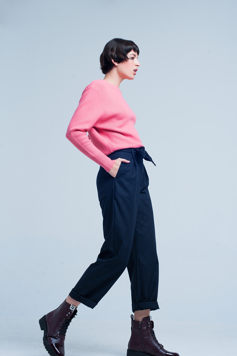 Pantalon ancho recto azul marino con lazo