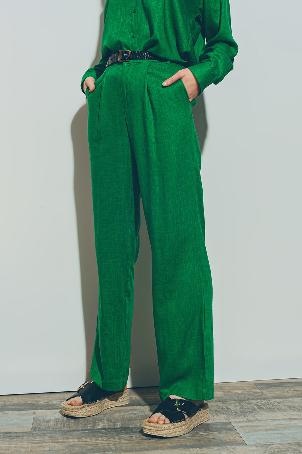 green wide leg trousers