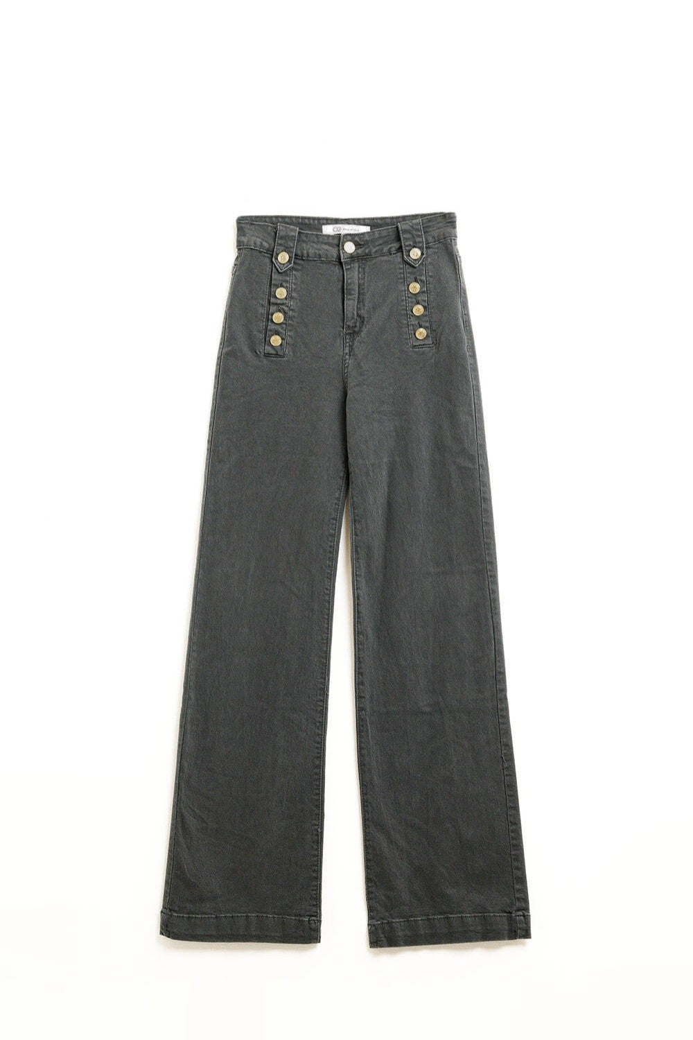 Pantalón vaquero de pernera ancha en color negro desgastado, con diseño de doble botonadura dorada estilo marinero.
