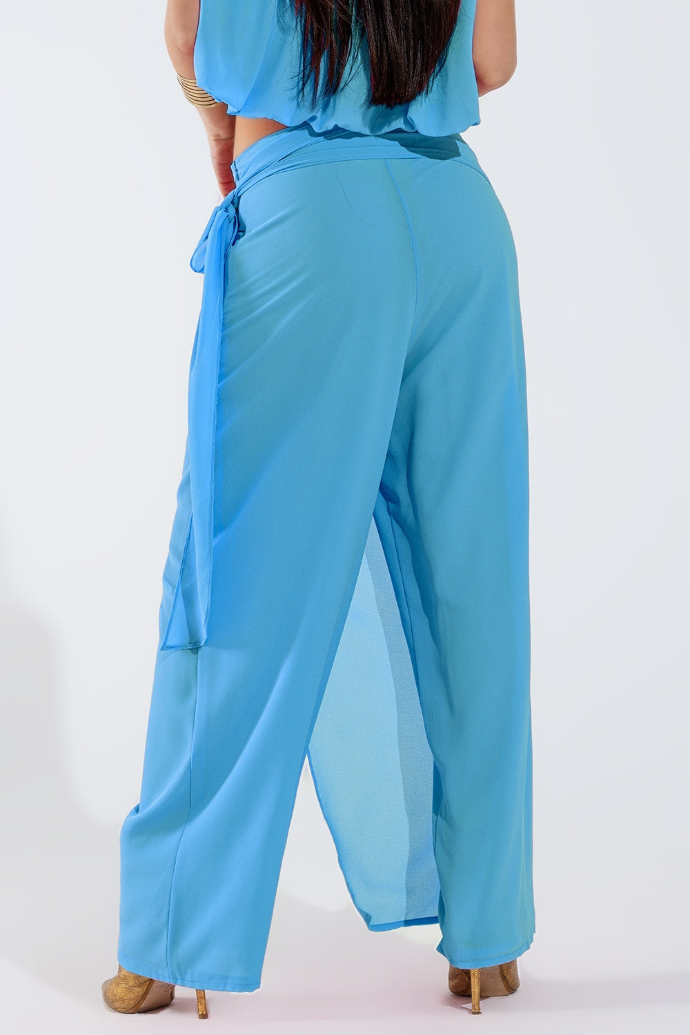 Pantalones anchos azul claro Falda superpuesta atada a un lado