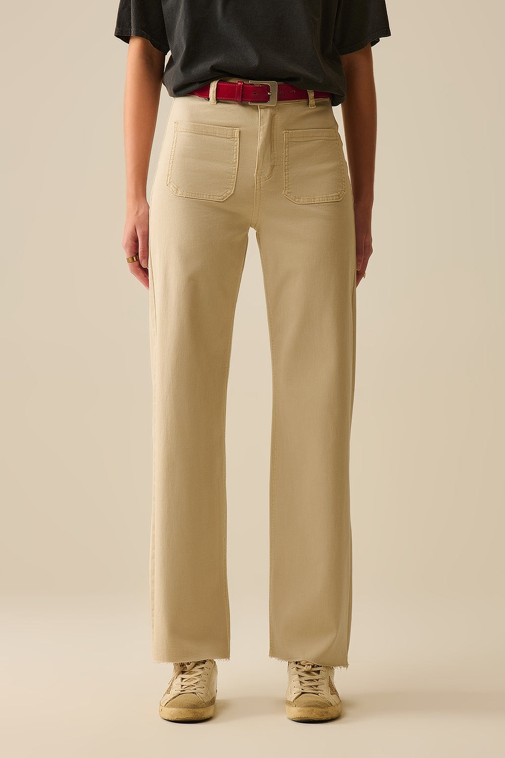 Q2 pantalones de pierna ancha con bolsillos delanteros en beige