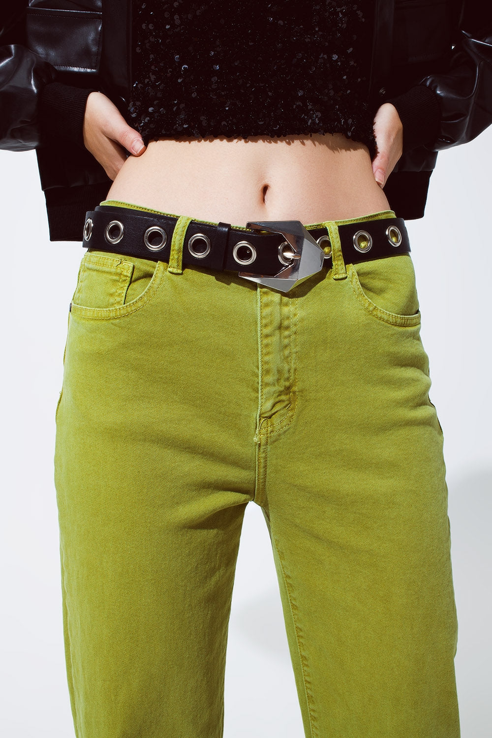 Pantalones vaqueros de pierna recta con dobladillo en verde oliva