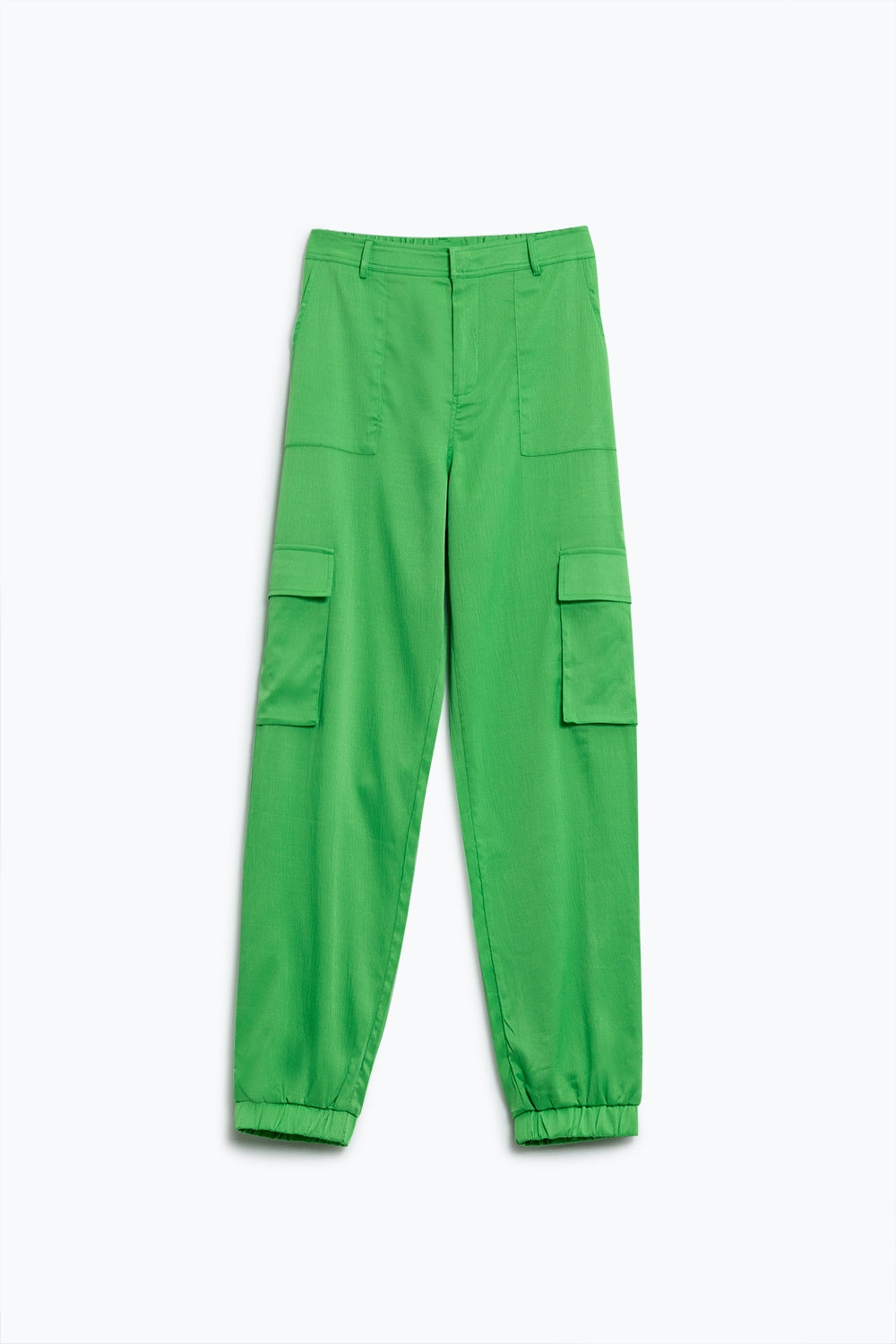 Q2 Pantalones verdes de raso con bolsillos laterales y aros para el cinturón