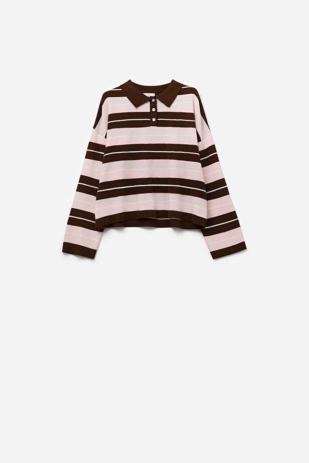 Polo de punto a rayas marron con cuello abotonado