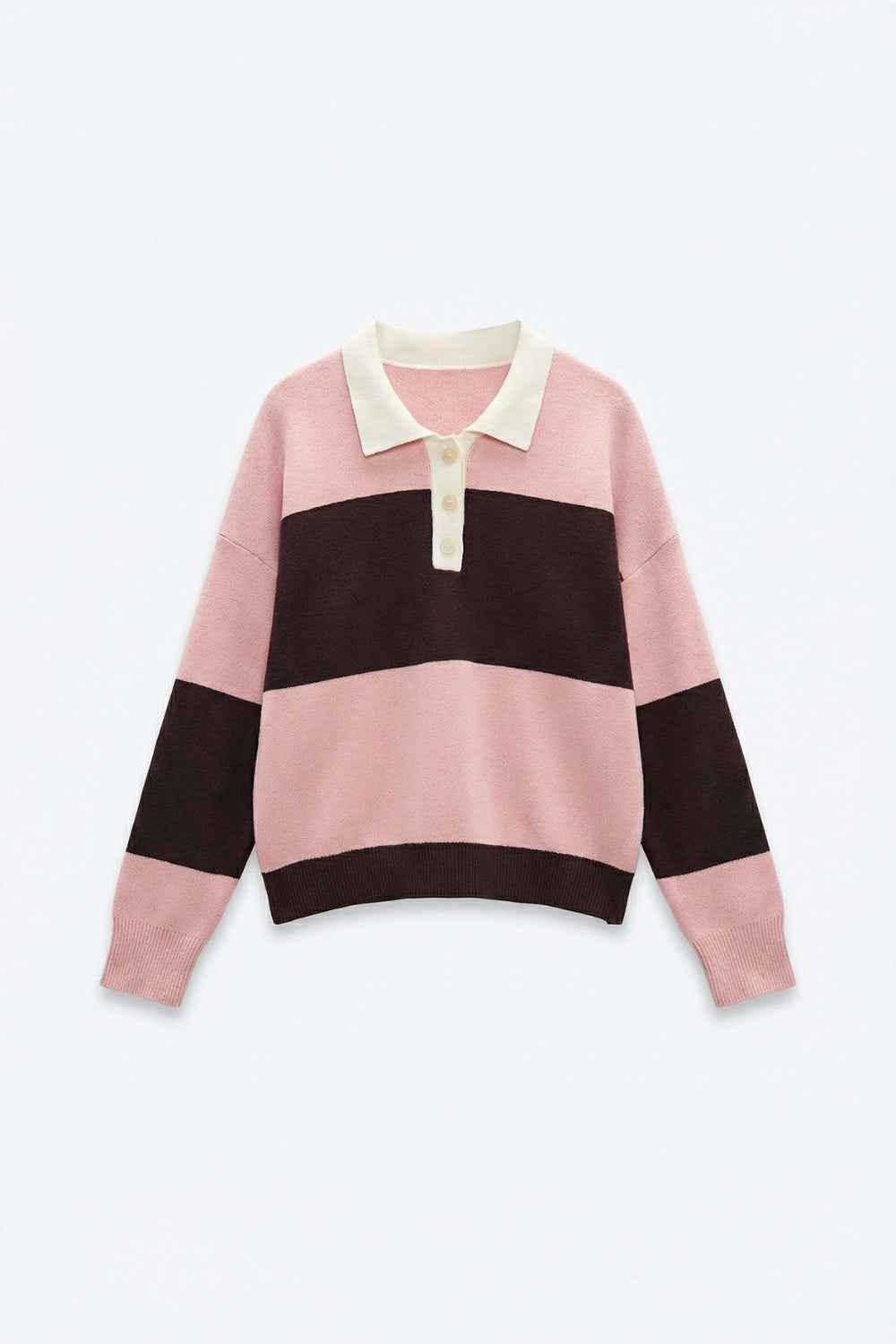 Polo de punto rosa con rayas marrones