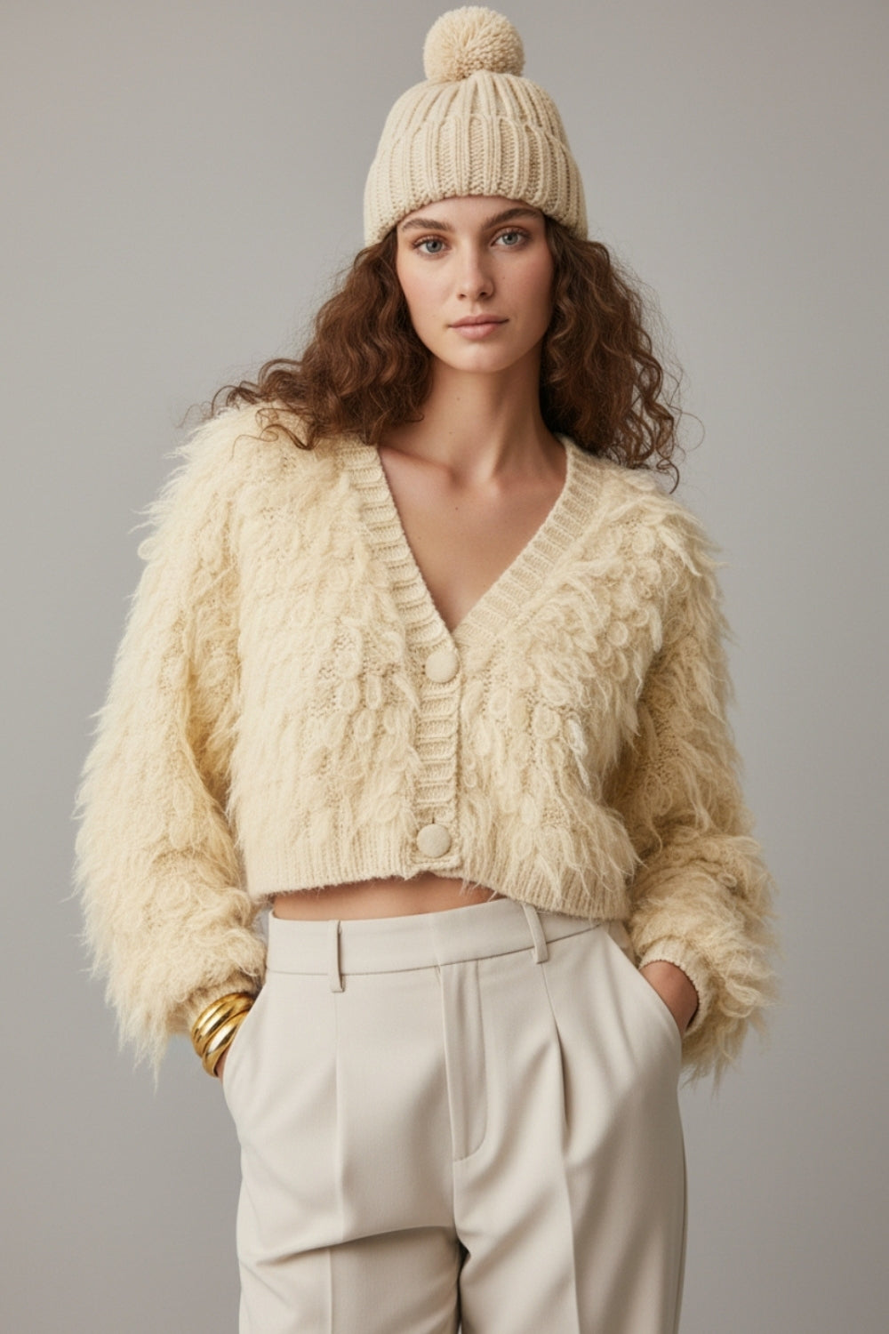 Chaqueta de punto mullida estilo shag en beige