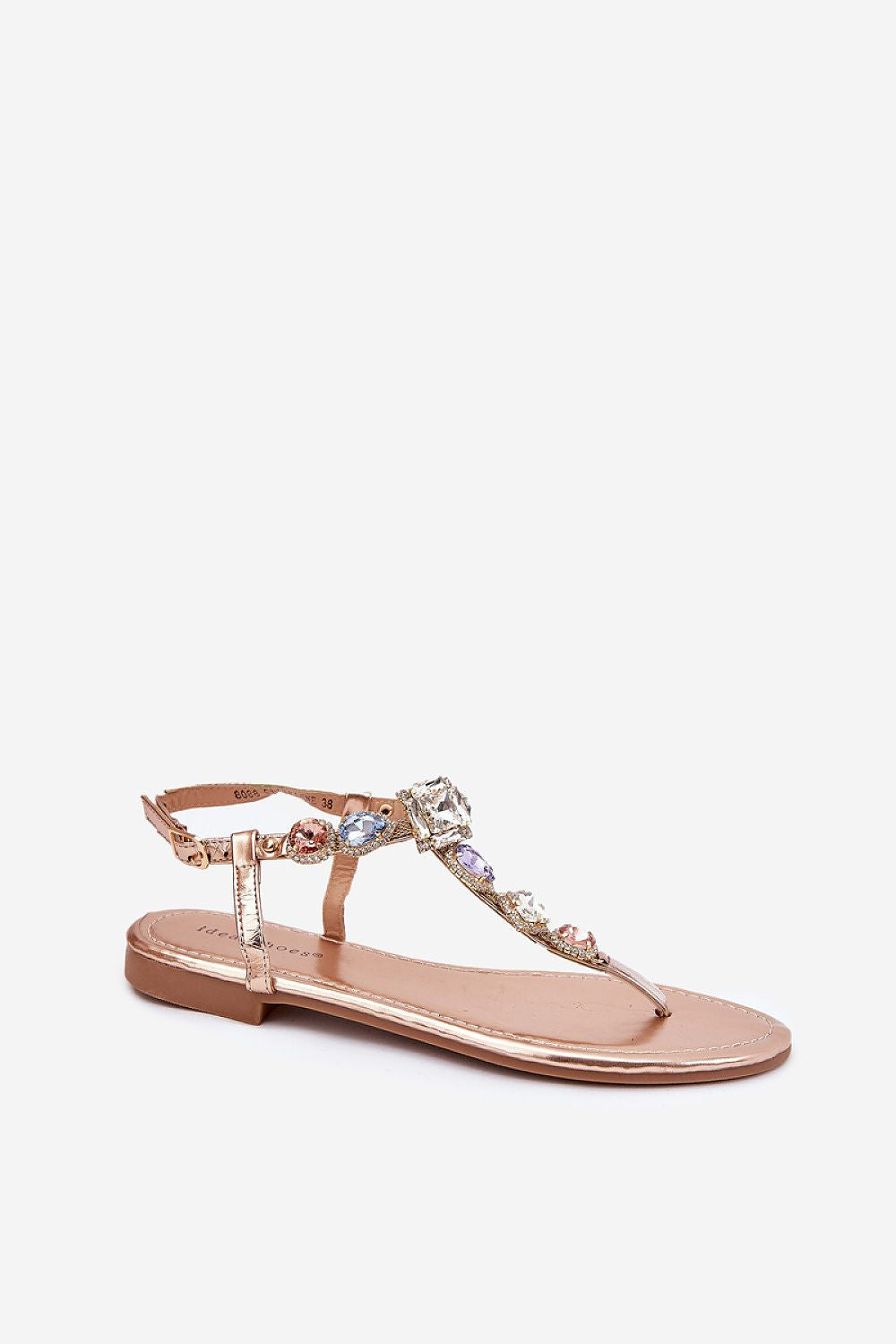 Sandalia nude plana decorada con piedras multicolor brillantes