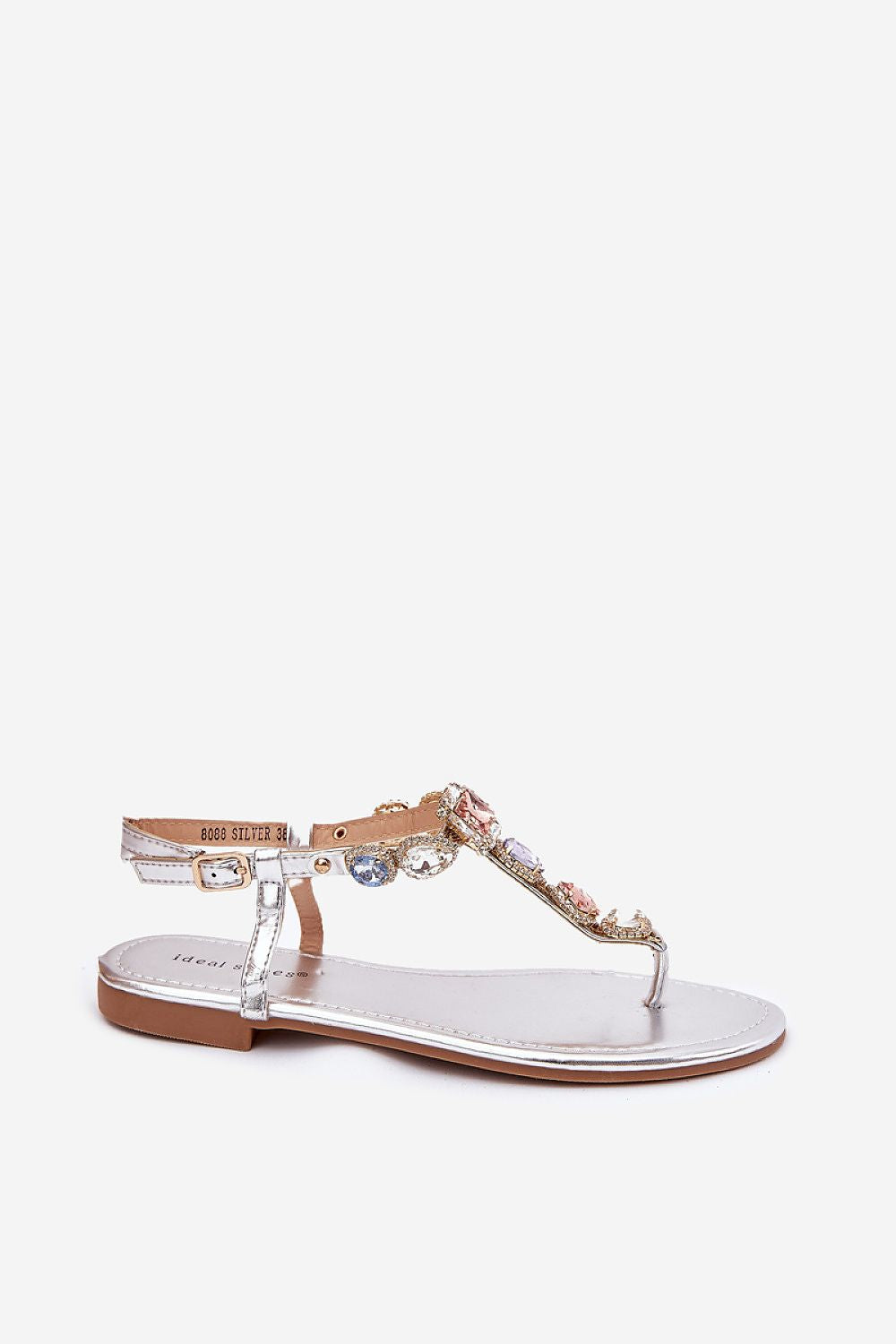 Sandalia joya plateada con cristales multicolor y diseño en T