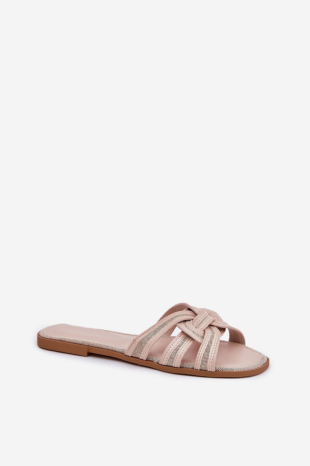  Sandalia beige plana con diseño de nudo textil y base en eco cuero