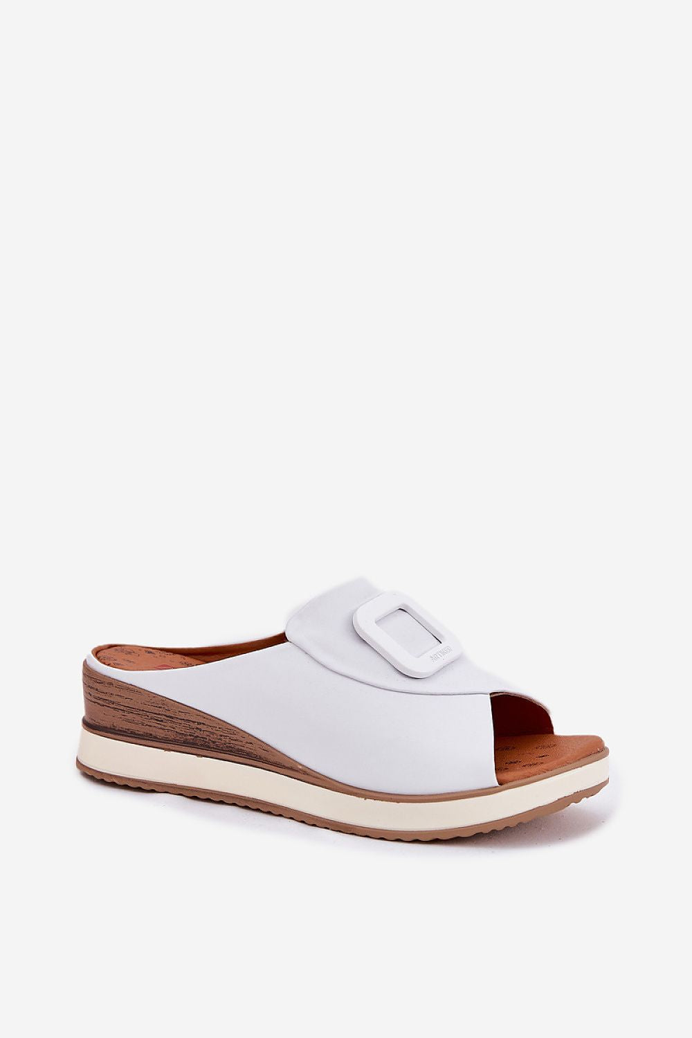 Sandalias de piel color blanco con cuña y hebilla cuadrada – Ivoluxt