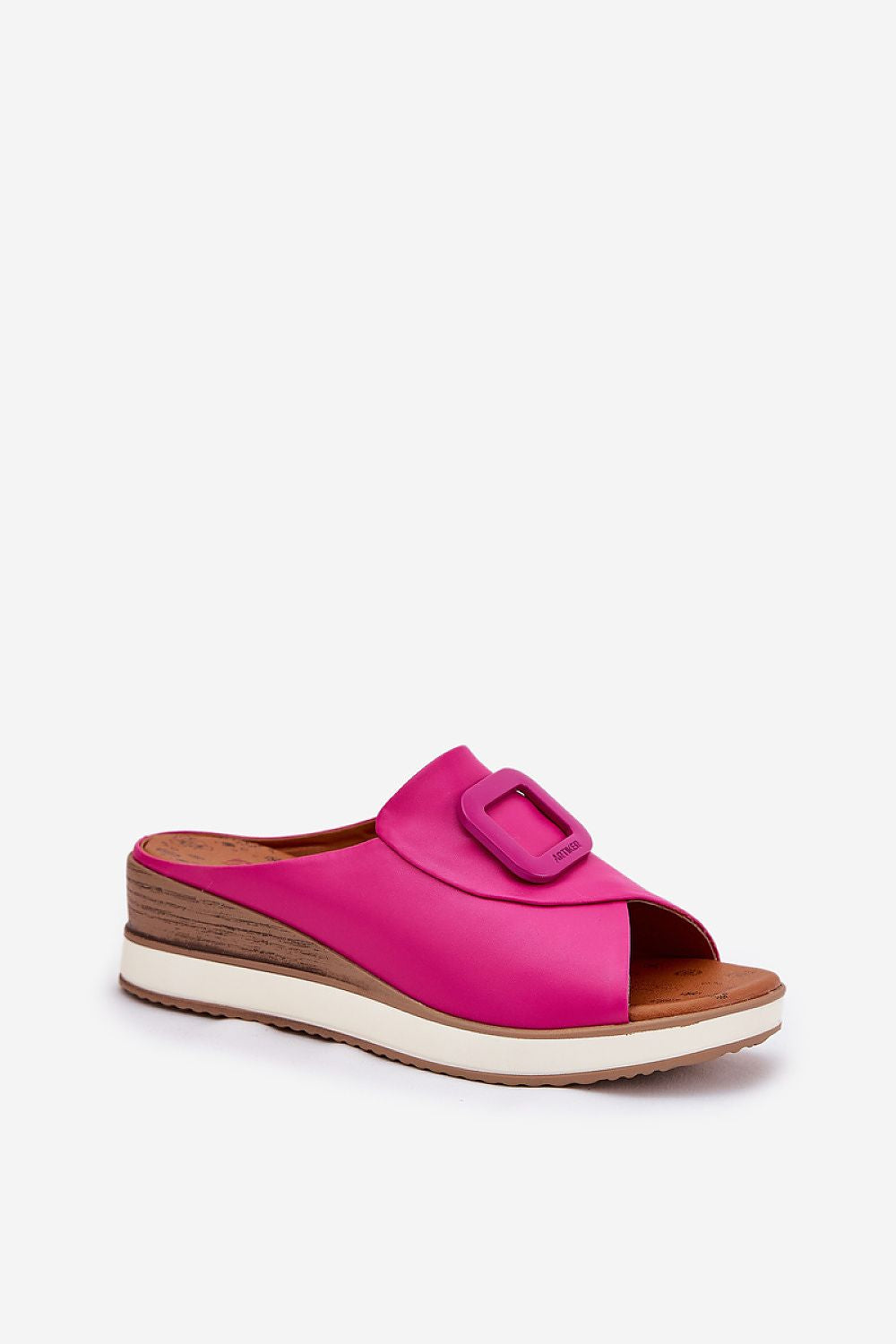 Sandalias de piel color fucsia con cuña y hebilla cuadrada – Ivoluxt