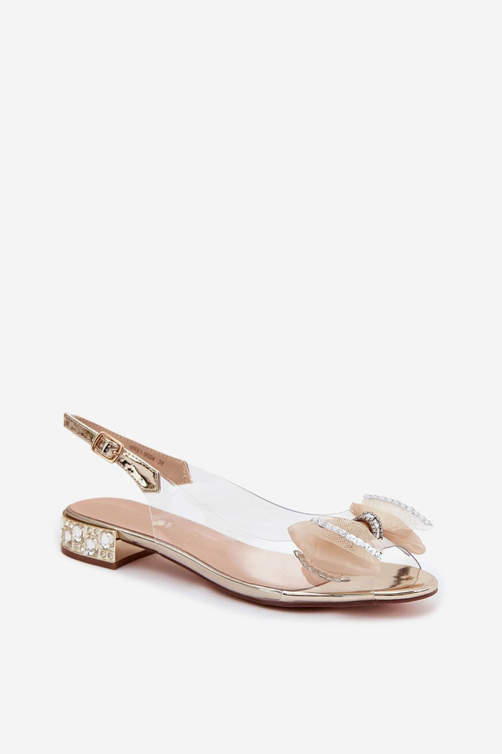 sandalias transparentes bajas con lazo de pedrería champagne y tacón joya dorado