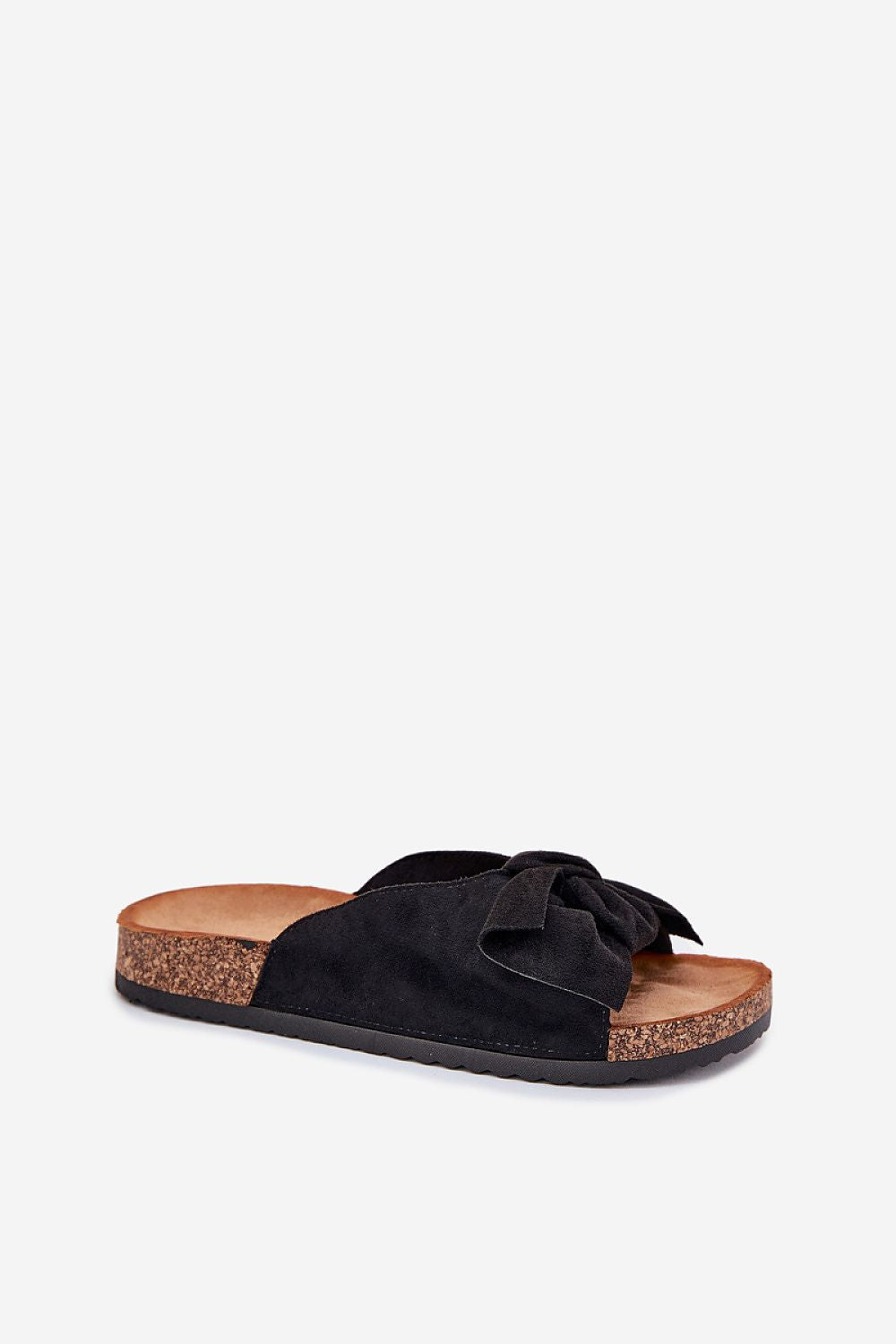  Sandalias negras planas con gran lazo y base de corcho