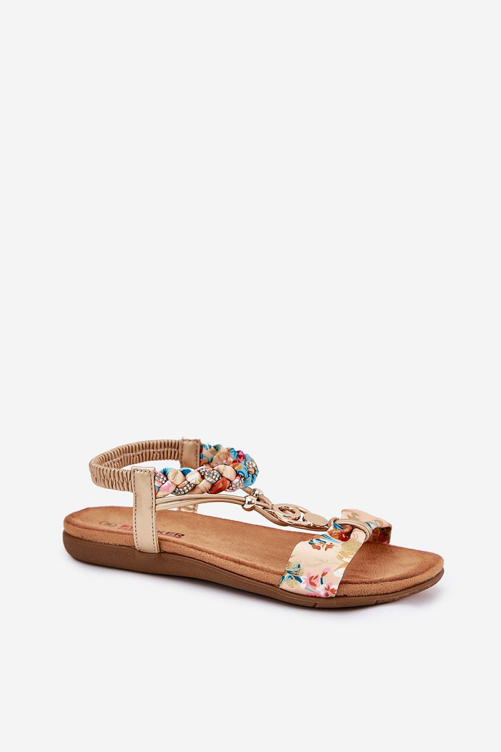 Sandalia plana beige vista lateral con trenza multicolor