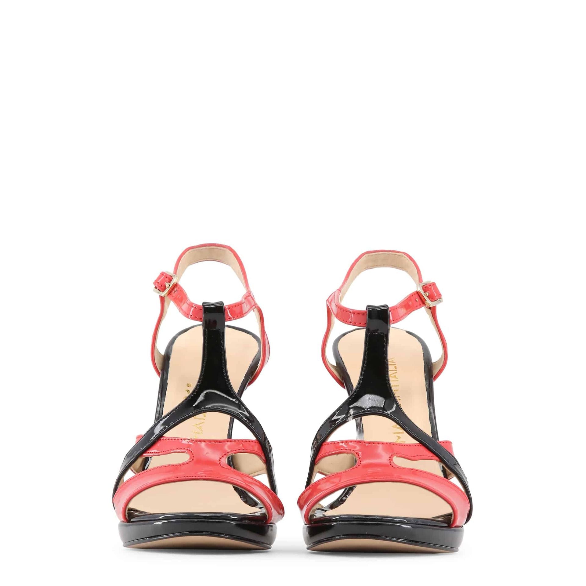 Sandalias bicolor rojo y negro con diseño en T
