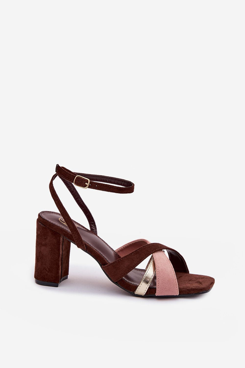 sandalias de tacón bloque en color-block marrón chocolate, rosa y tira dorada