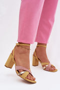 sandalias de tacón ancho Aura con tiras cruzadas en amarillo, rosa y dorado metalizado