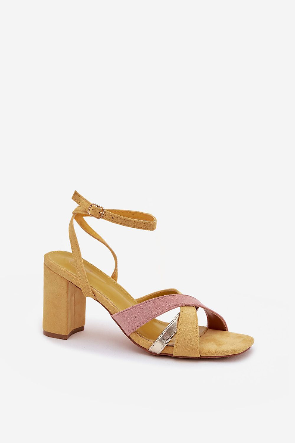 sandalias de tacón ancho Aura con tiras cruzadas en amarillo, rosa y dorado metalizado