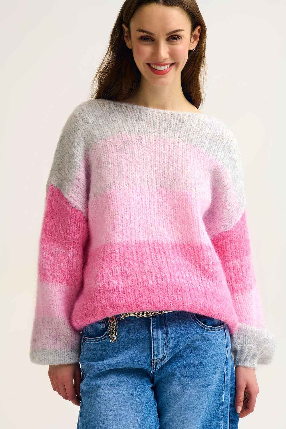 jersey de punto mullido oversize con degradado de color rosa y gris