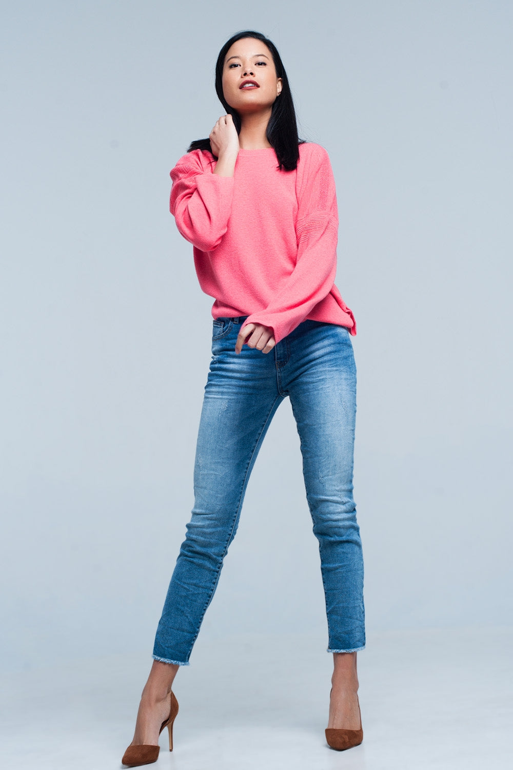 Suéter de punto fino coralino con detalles de purpurina