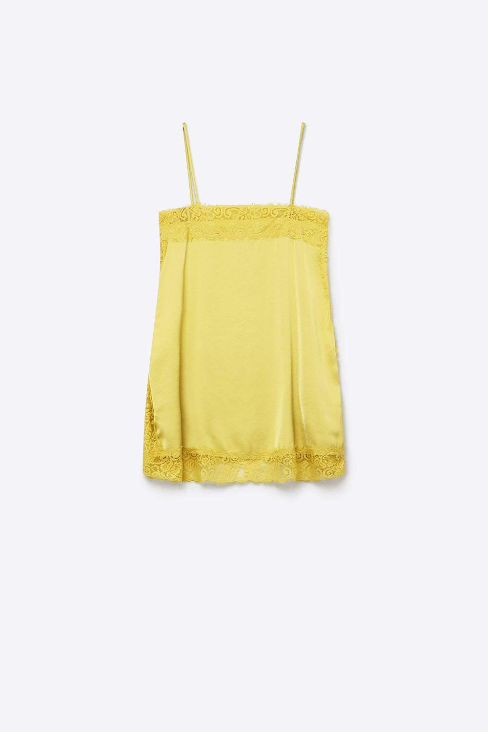 top de raso amarillo con encaje floral y tirantes finos