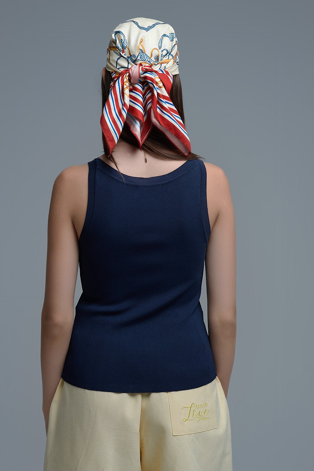 Top sin mangas de punto fino acanalado azul marino