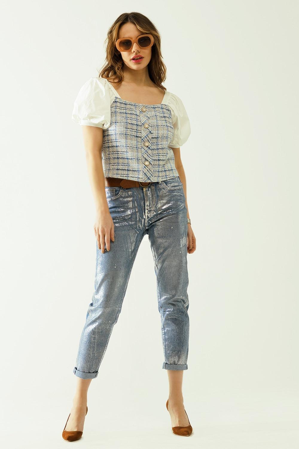 Vaqueros azules skinny con acabado metalizado en lavado claro