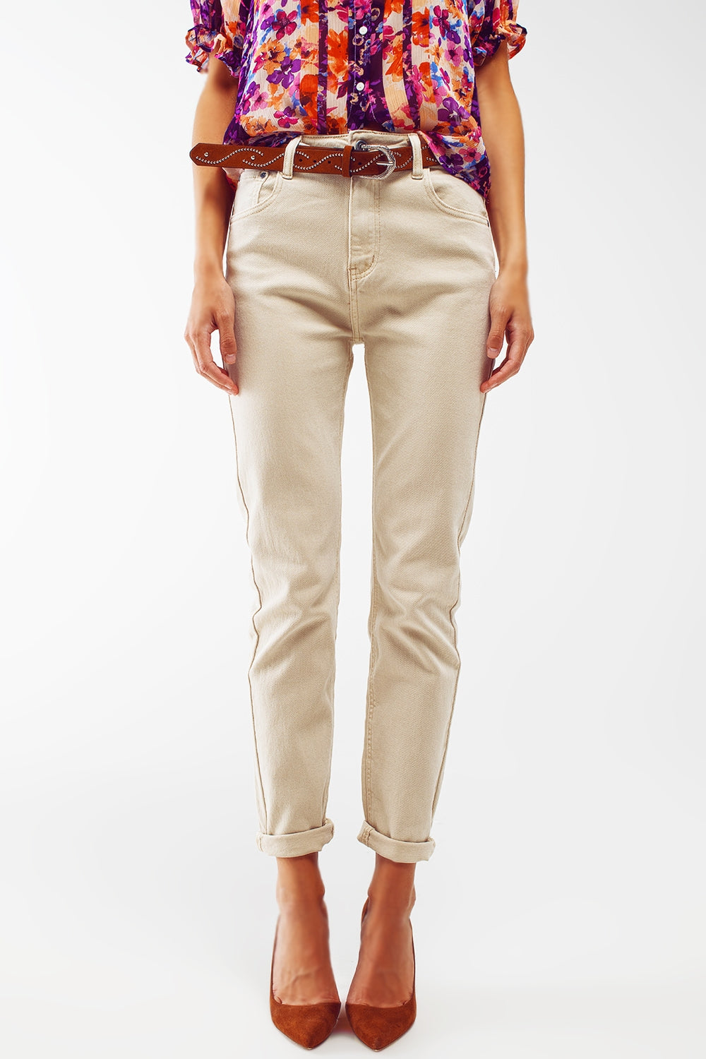 Vaqueros beige de corte pitillo de algodón elastico