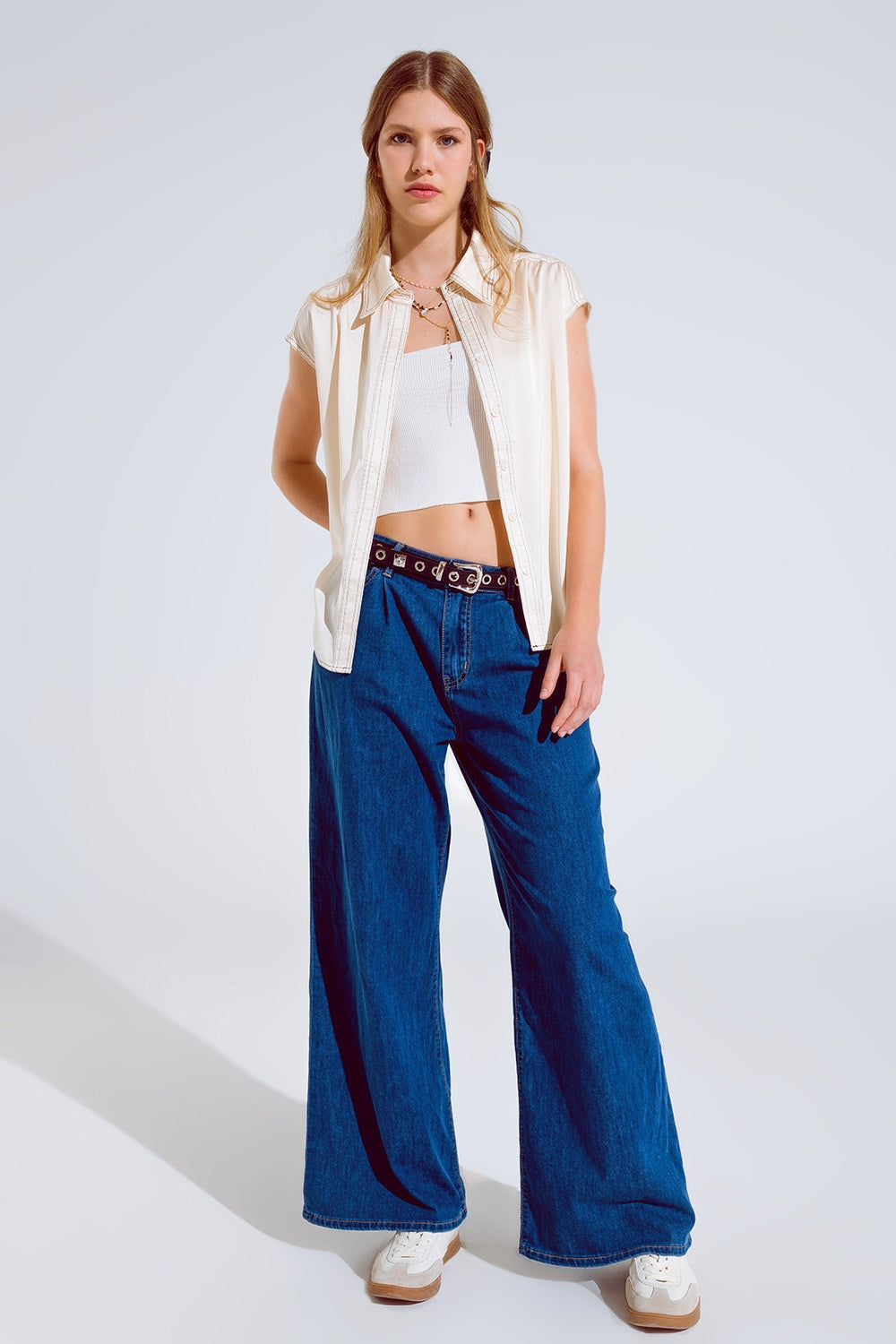 Vaqueros Boyfriend de pierna ancha y cinco bolsillos en lavado oscuro