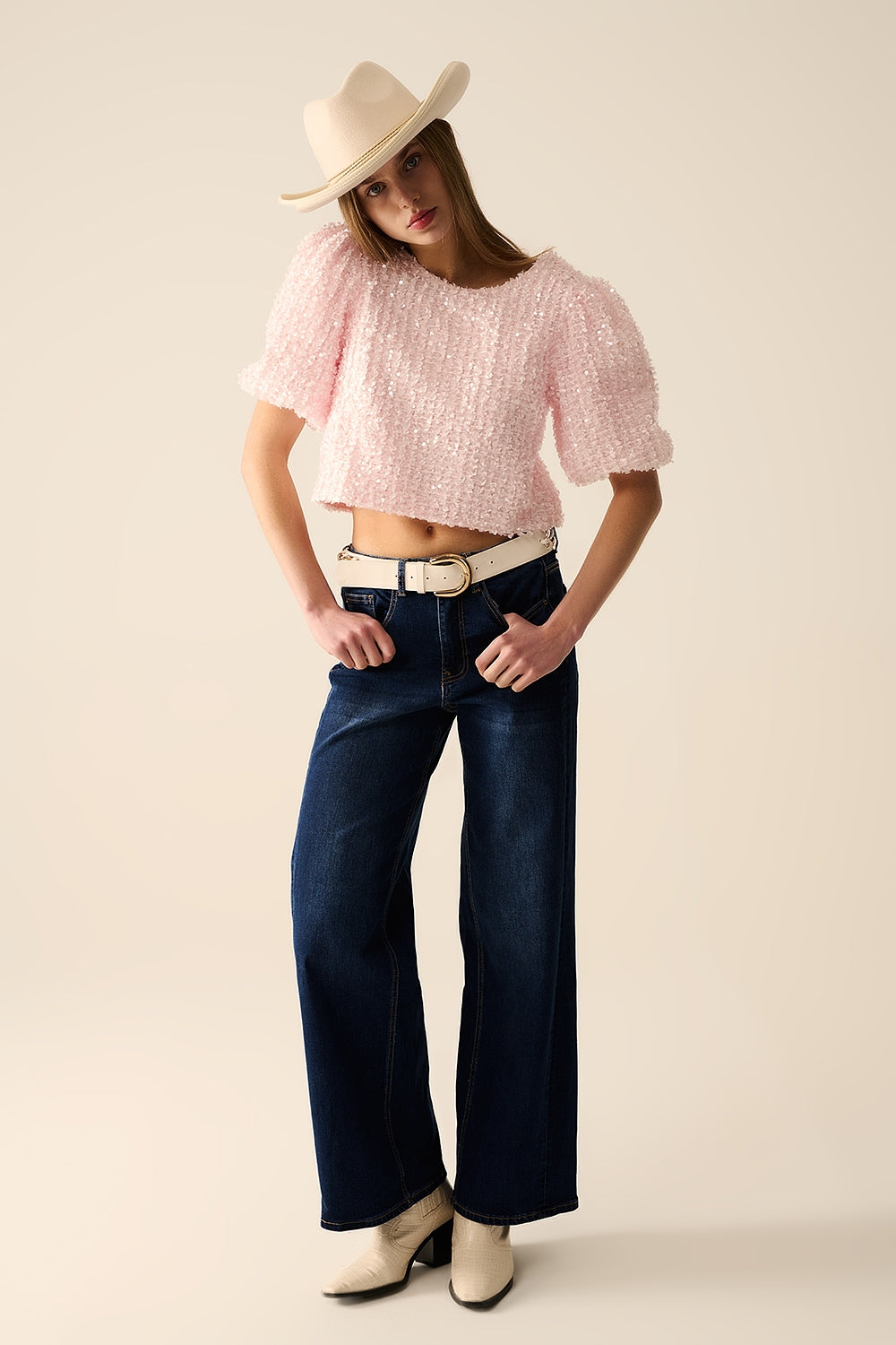 Vaqueros elásticos de pierna ancha en lavado oscuro