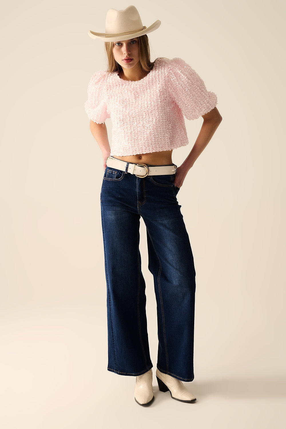 Vaqueros elásticos de pierna ancha en lavado oscuro