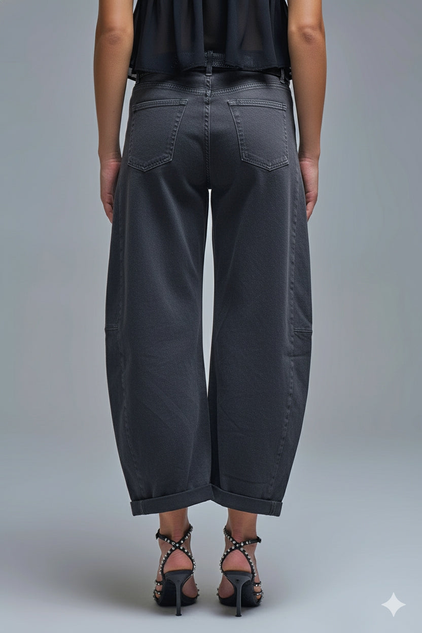 Vaqueros Globo Barrel Grises de Moda con Bolsillos