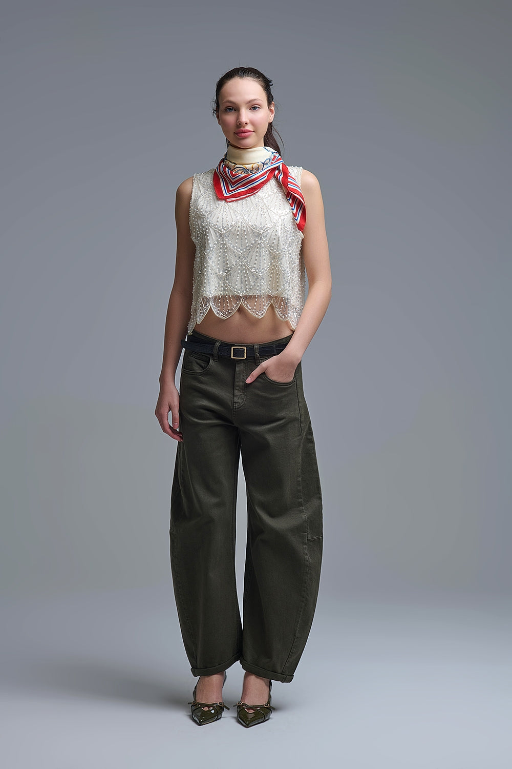 Vaqueros Globo Barril Verde de Moda con Bolsillos