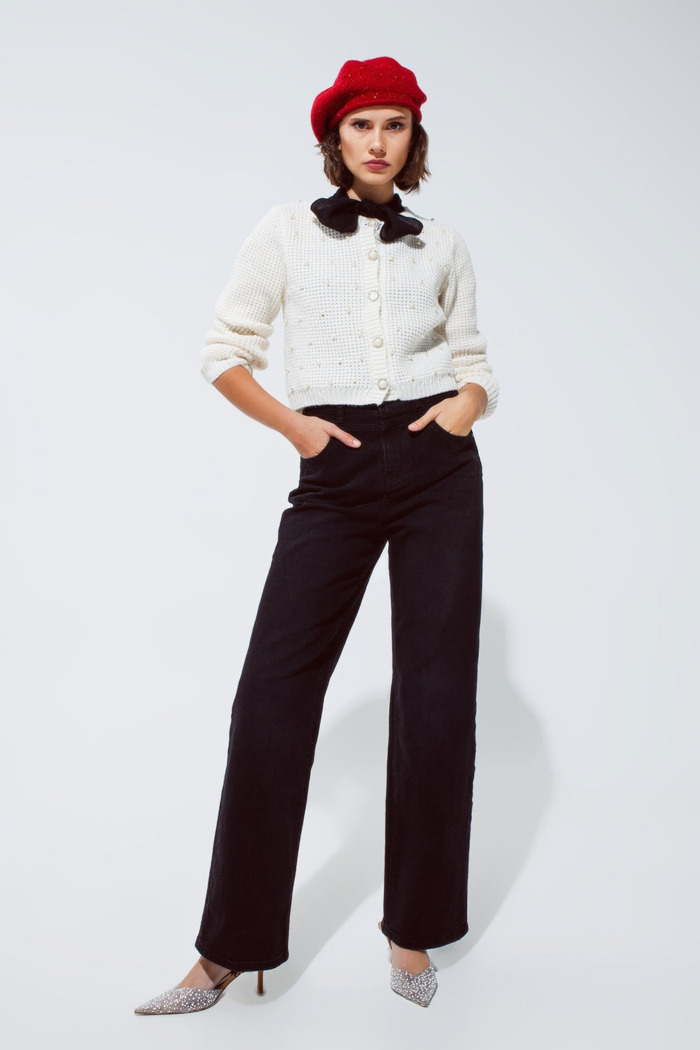 Vaqueros rectos con detalle de costura en la cintura en negro