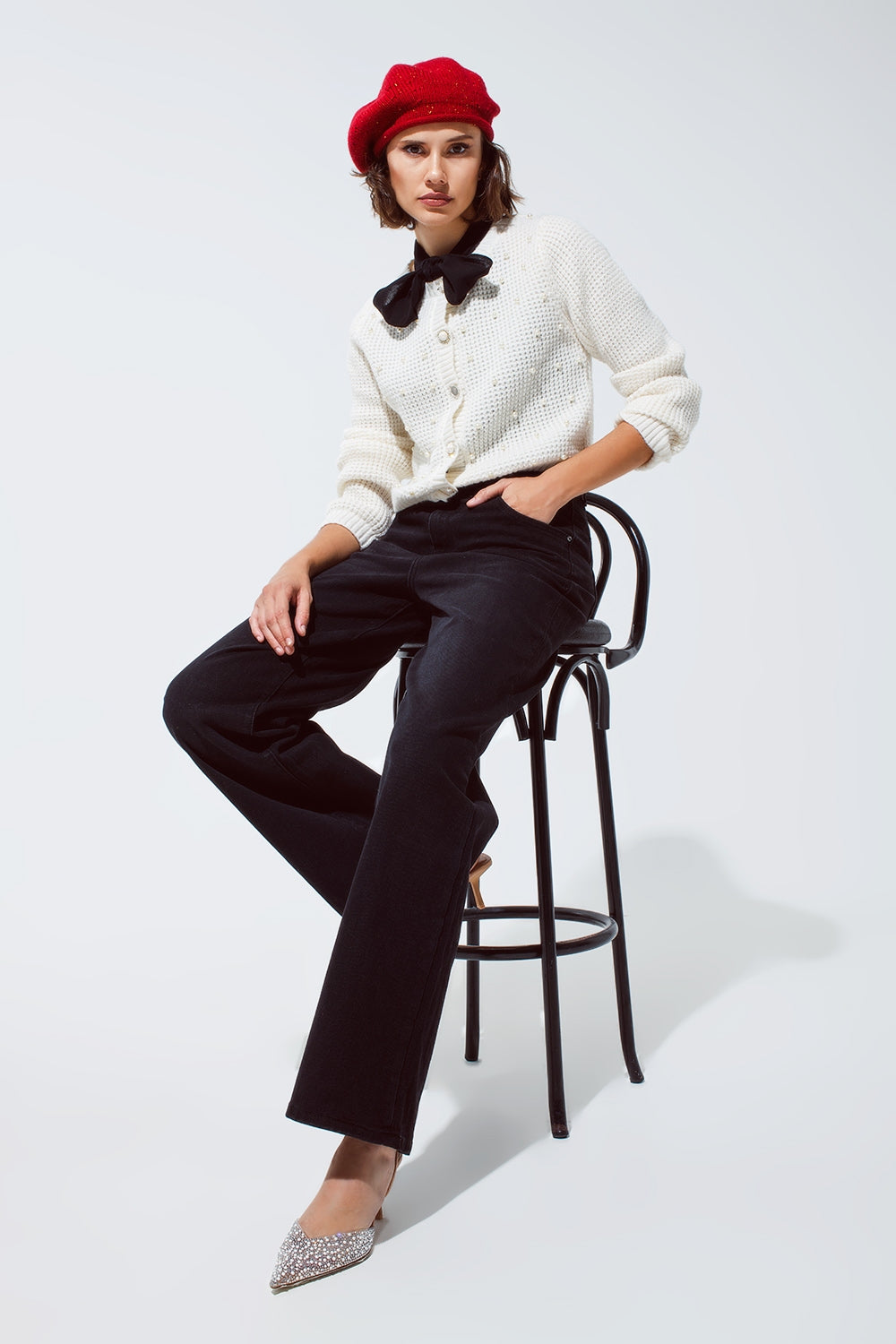 Vaqueros rectos con detalle de costura en la cintura en negro