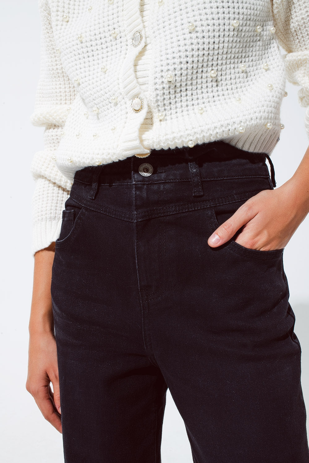 Vaqueros rectos con detalle de costura en la cintura en negro