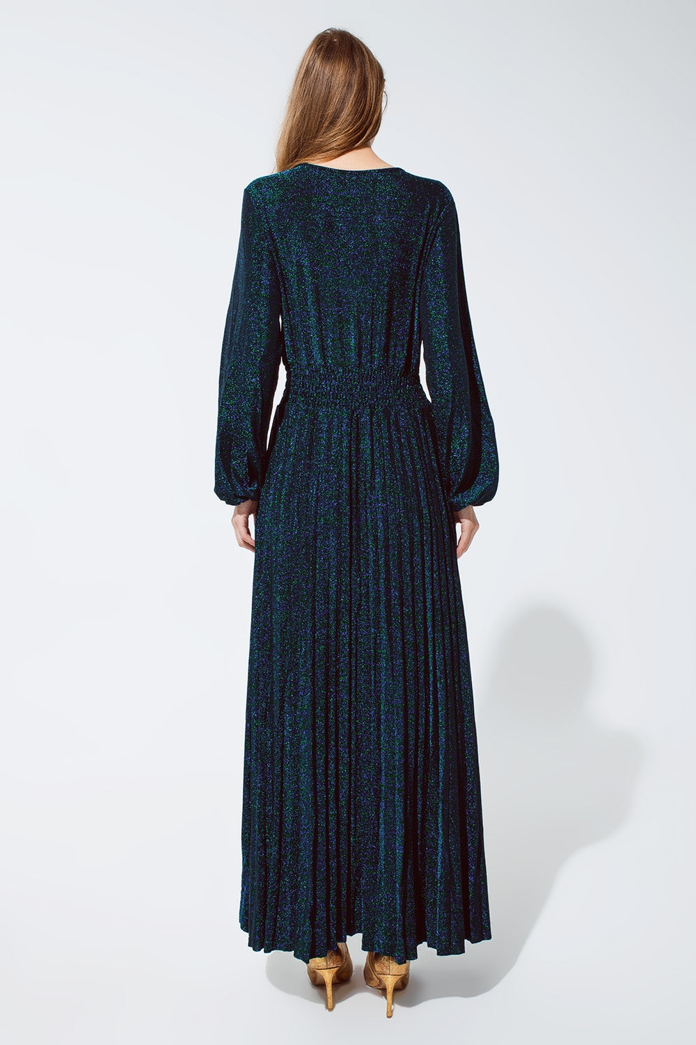 Vestido largo de manga larga con brillo en verde