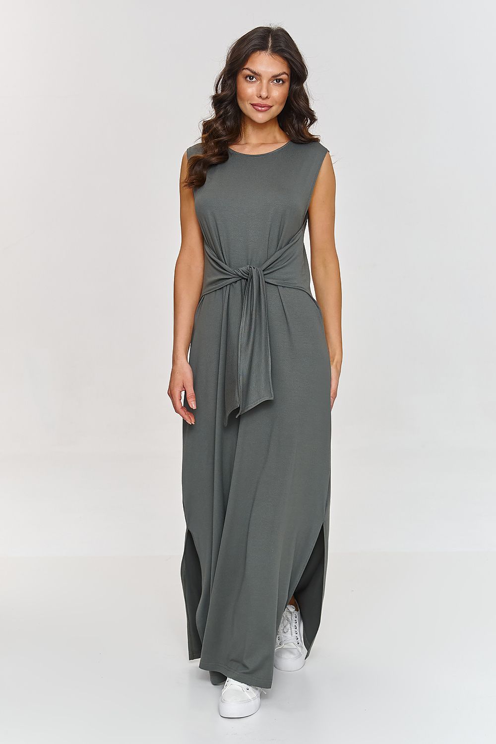  Vestido largo verde oliva con nudo en la cintura, estilo casual