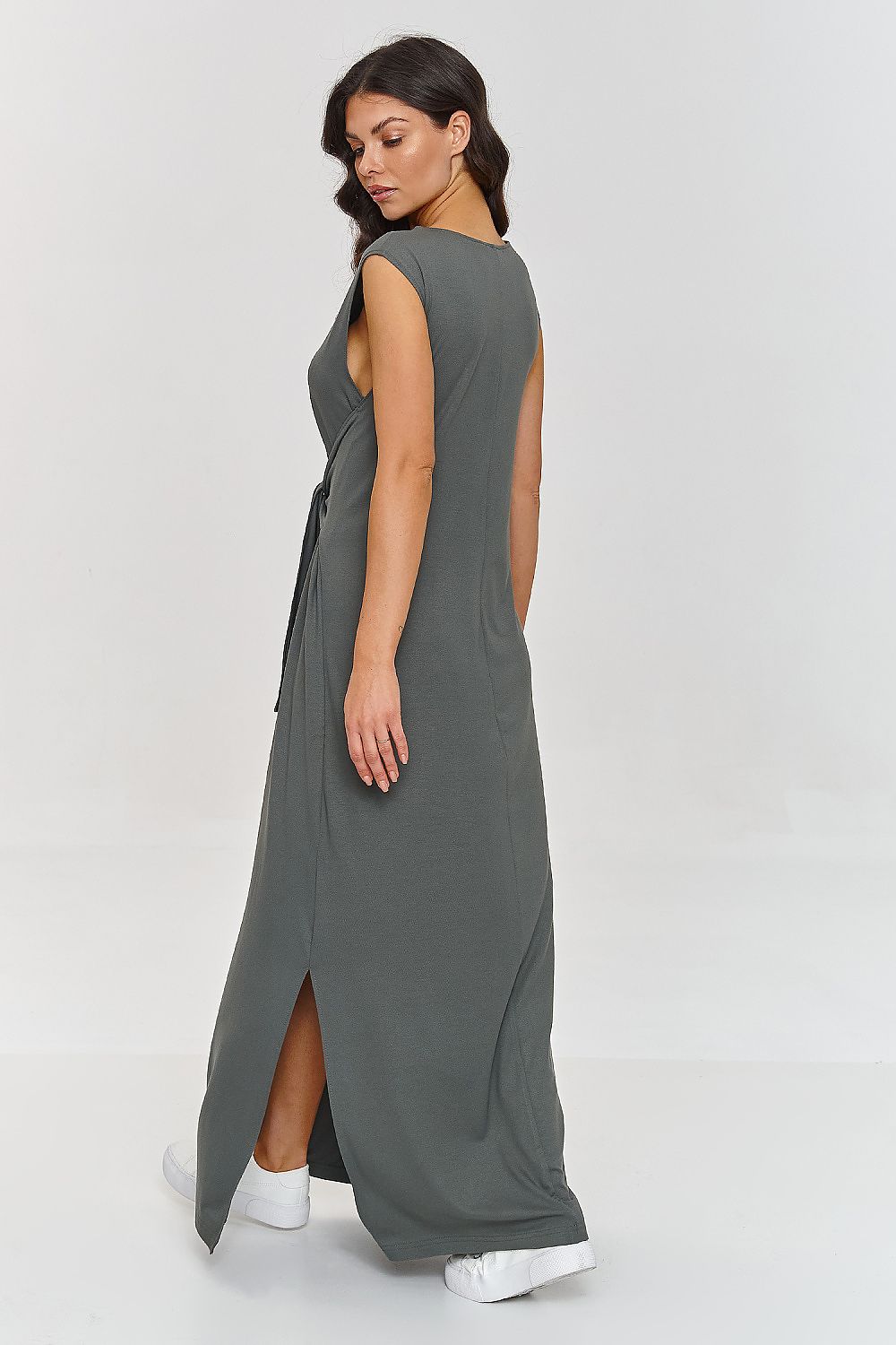  Vestido largo verde oliva con nudo en la cintura, estilo casual