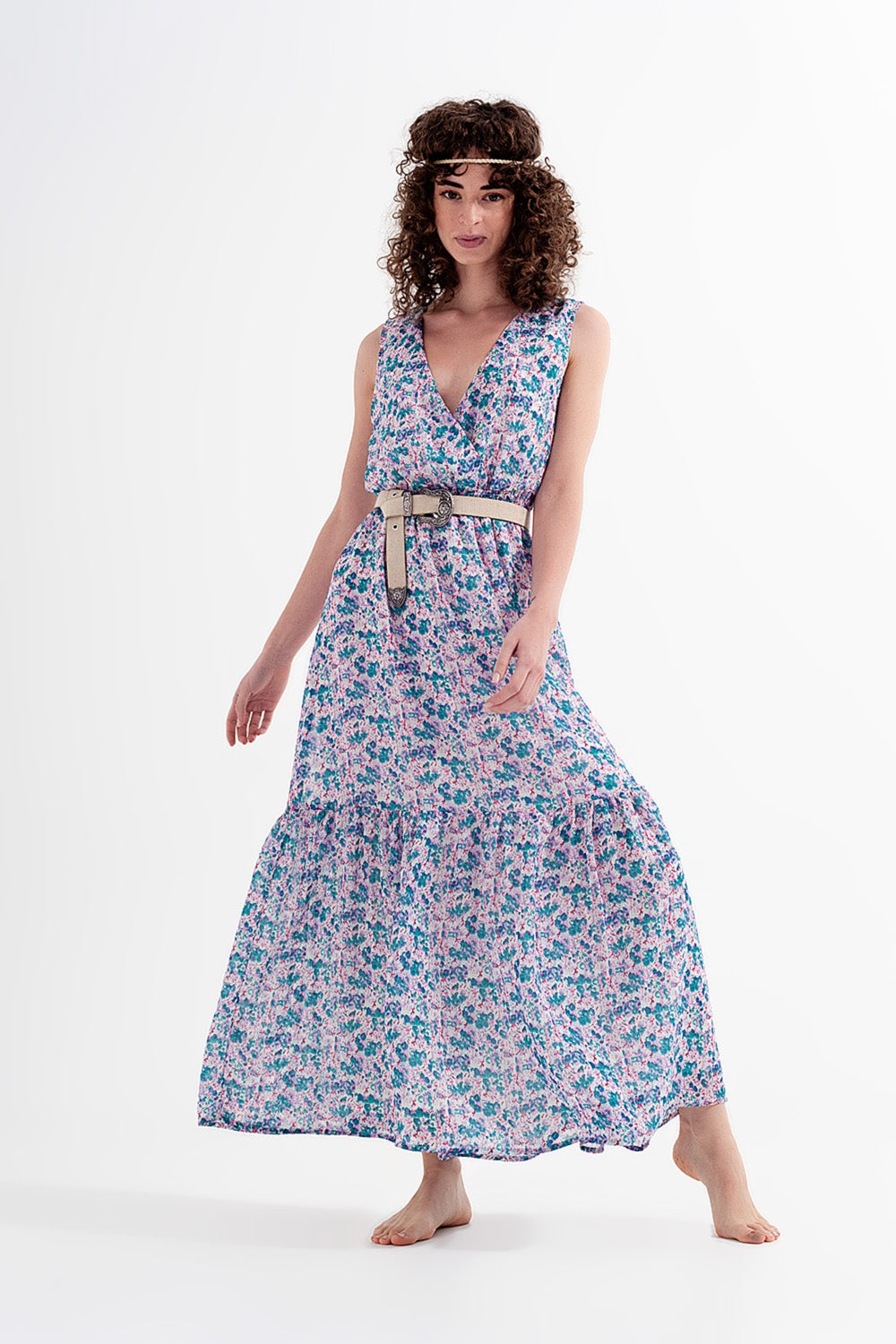 Vestido largo sin mangas con estampado de florecitas en verde