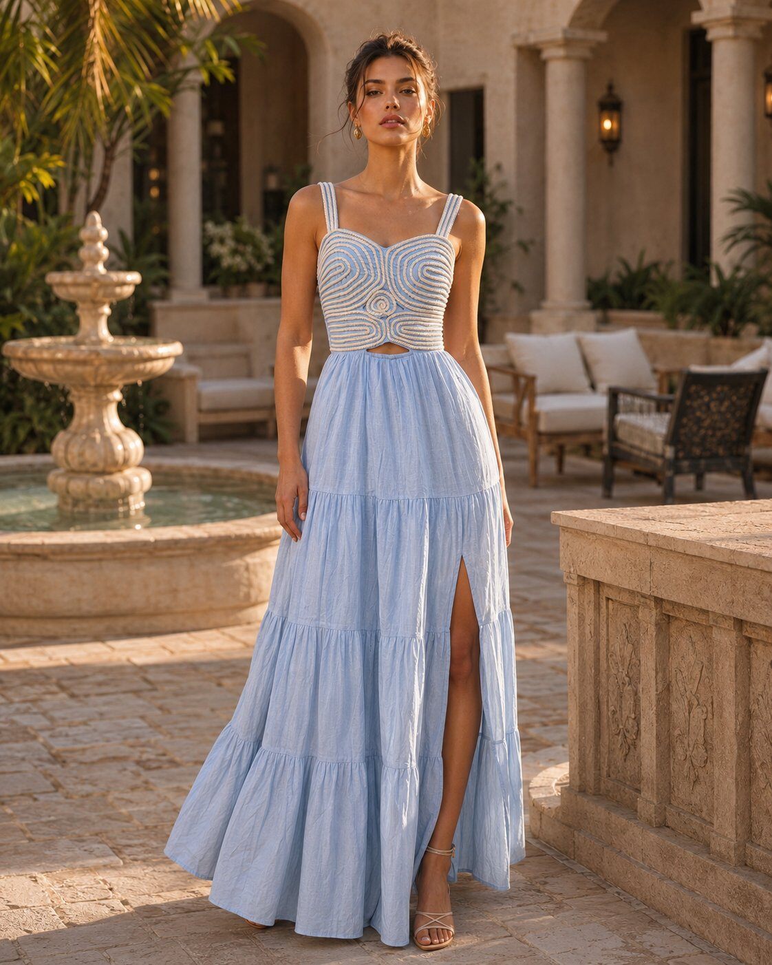 Vista frontal del vestido largo de algodón azul cielo, mostrando el corpiño estructurado con bordado blanco, detalle cut-out y falda con abertura lateral de Ivoluxt.