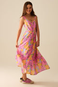Vestido maxi sin mangas rosa con estampado de limones