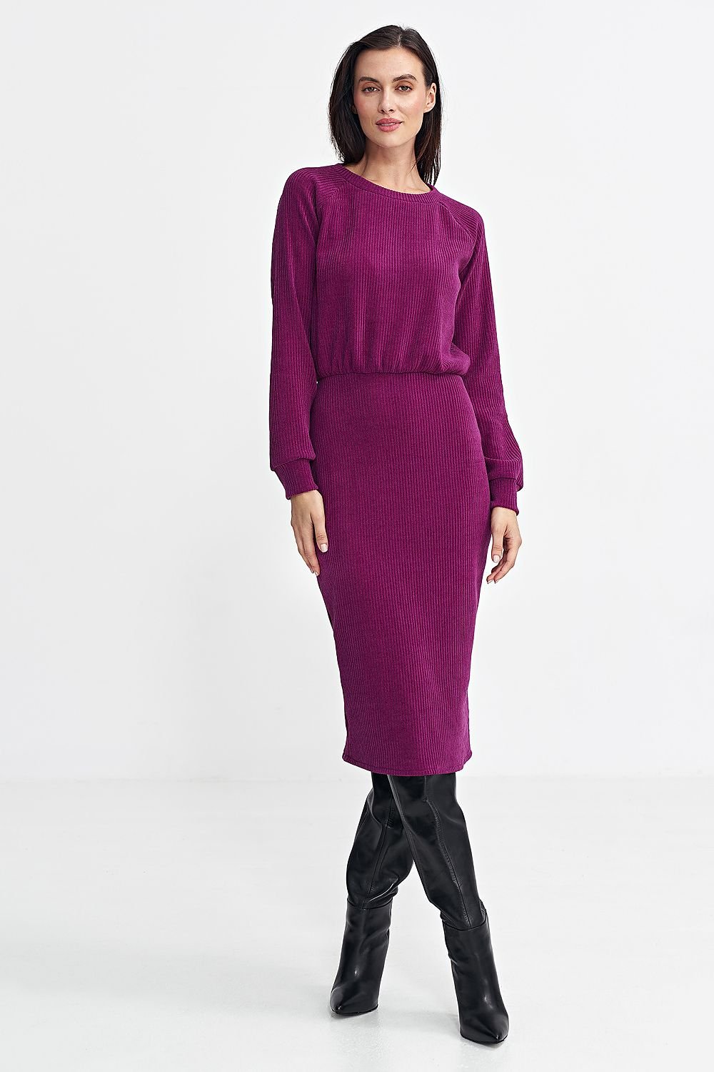 Vestido midi morado berry de punto canalé Total Look