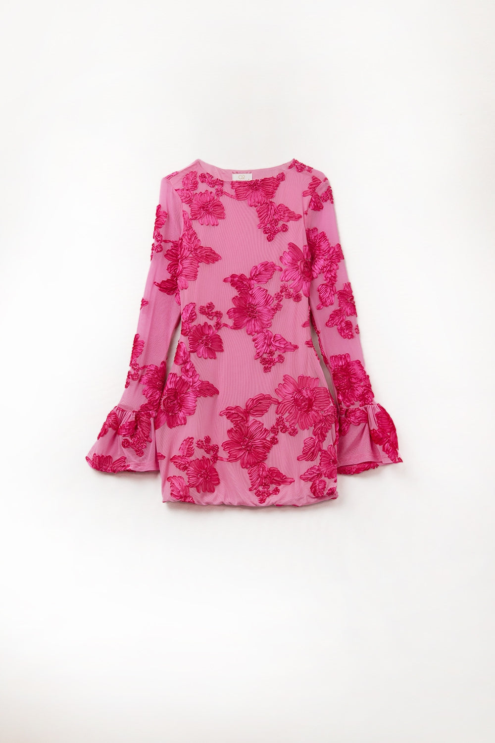 Vestido mini de gasa fucsia con brocado floral
